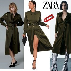 Zara Army green satin effect Grommet Eyelet Split Hem Belted Shirt Dress M NWT
